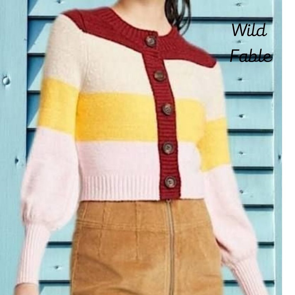 Wild Fable Cardigan Sweater Multicolor Striped Cropped Full Button Womens